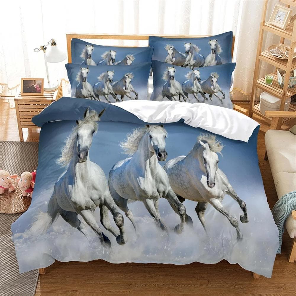 Three white horses Bedding 3D Digital Printing Cartoon Plain Weave Craft For North America And Europe Bedding Set Queen 70x133cm 2pcs