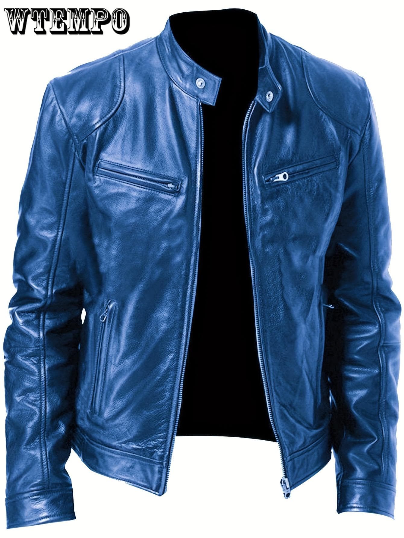 Men Faux Leather Zip Up Jacket Stand Collar Leather Motorcycle Jacket Lightweight Bomber Outwear PU Coat S royal blue