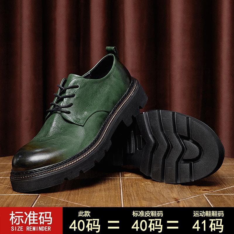 Height-Increasing Low-Top Tooling Shoes Men'S Cowhide Retro British Business Casual Leather Shoes Men'S Genuine Leather Big Head Shoes Are Lightweight 40 green