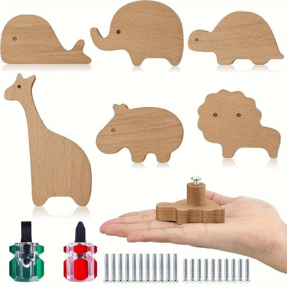 6pcs Wooden Animal Cabinet Pulls, Furniture Decorative Wooden Dresser Knobs, Dresser Pulls, Animal Drawer Knobs with Screws 6-Pack brown