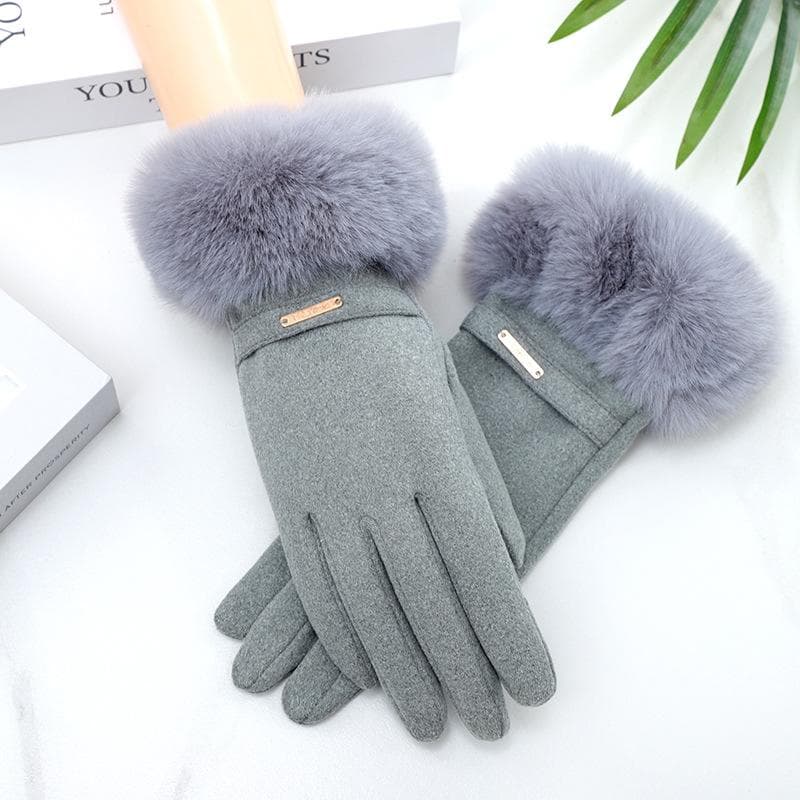 Winter Women Keep Warm Plus Velvet Thicken Plush Wrist Gloves Fashion Personality Elegant Driving Cycling Gloves grey