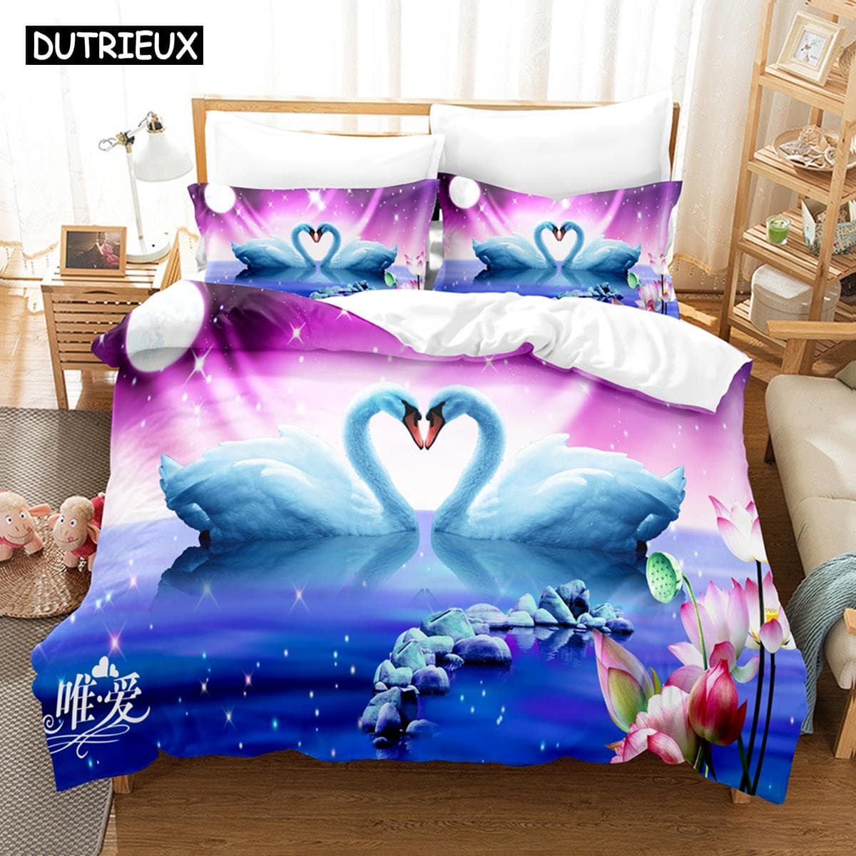 3D Cartoon Swan Bedding Sets Duvet Cover Set With Pillowcase Twin Full Queen King Bedclothes Bed Linen EU single(135x200cm)