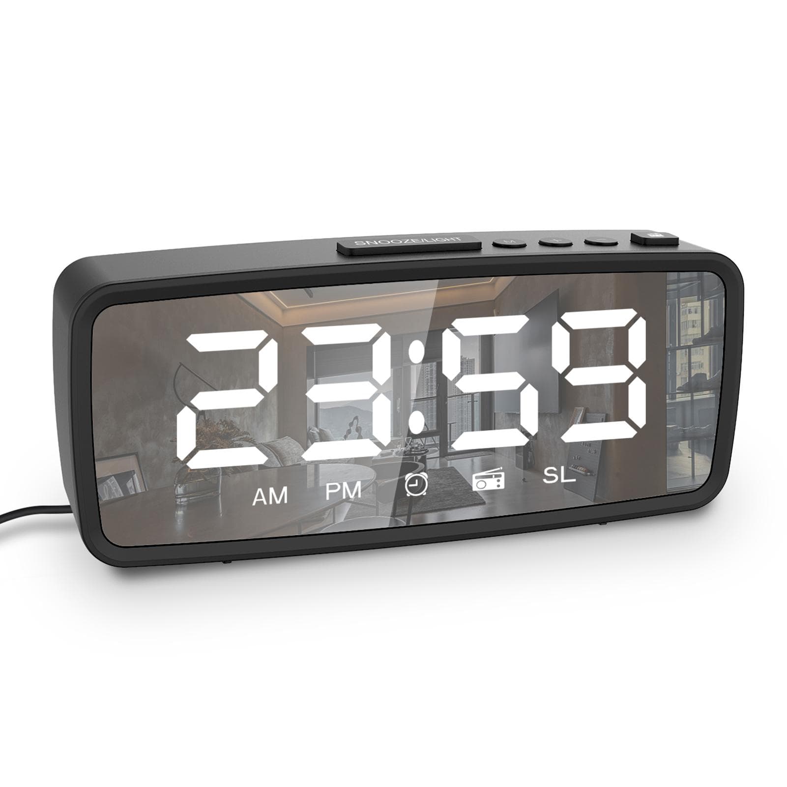 5.1 Digital Alarm Clock Radio, Mirror Alarm Clock, 3 Levels Dimmer, FM Radio with Sleep Timer, Radio Alarm Clock black