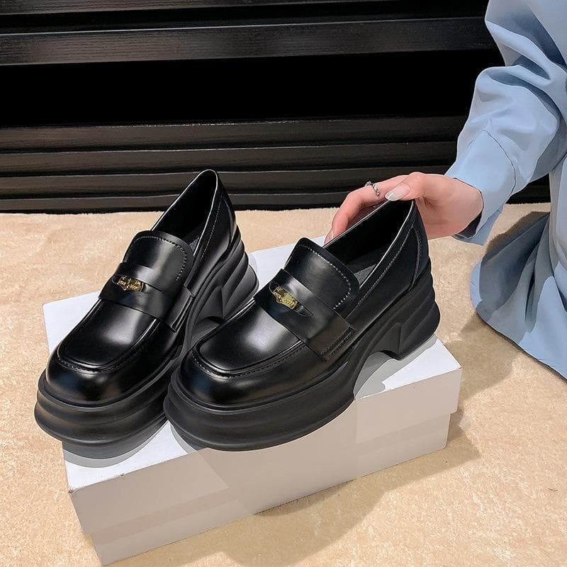Thick-soled Loafers Women's New Spring Muffin Heightening British Style Single Shoes Leather High-heeled Small Leather Shoes 40