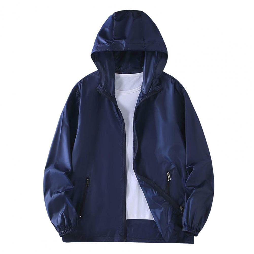 Men Summer Sun Coat Hooded Long Sleeve Zipper Placket Anti UV Jacket with Pockets Solid Color Outdoor Ice Silk Outwea M navy blue