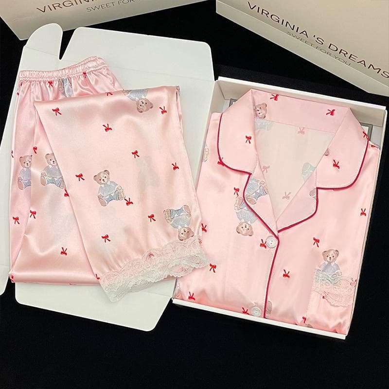 Pajamas Women's Silk Long-sleeved Pajamas Pajamas Suit Flower Printed High-grade Ice Silk Can Be Worn Outside Home Wear Pajamas M