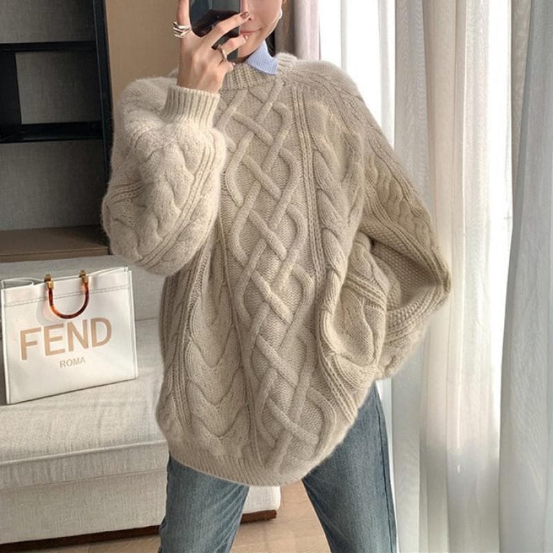 Autumn Winter Warm Twist Pullover Soft Sweater Women Korean Solid Sweater O-neck Knitted Jumper Streetwear Sweater One Size beige