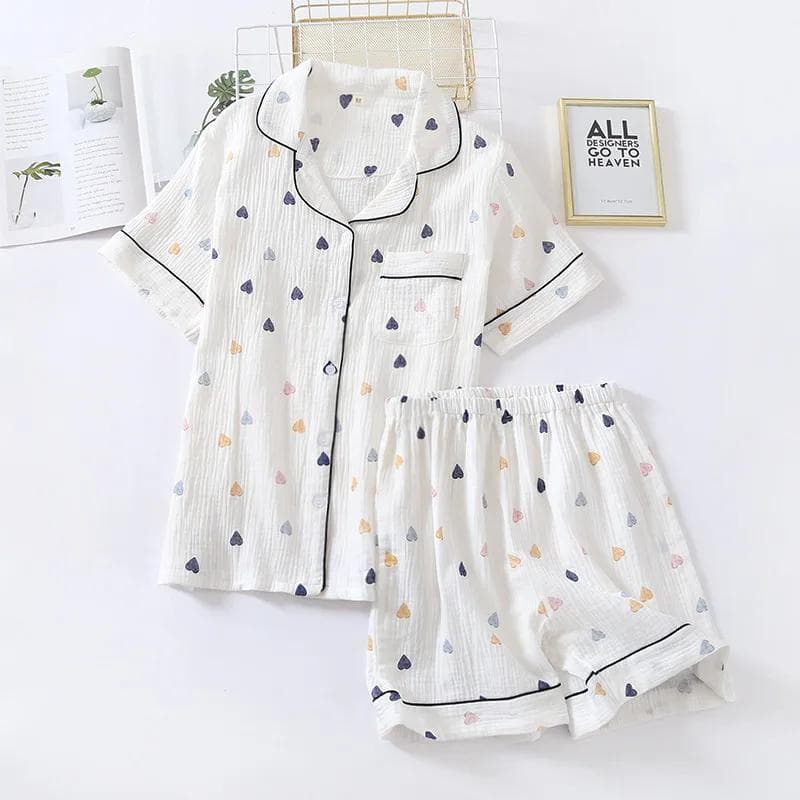 Japanese Summer New Ladies Cotton Gauze Short Sleeve Shorts Pajamas Suit Cute Heart-shaped Thin Section Home Service Suit Woman XL