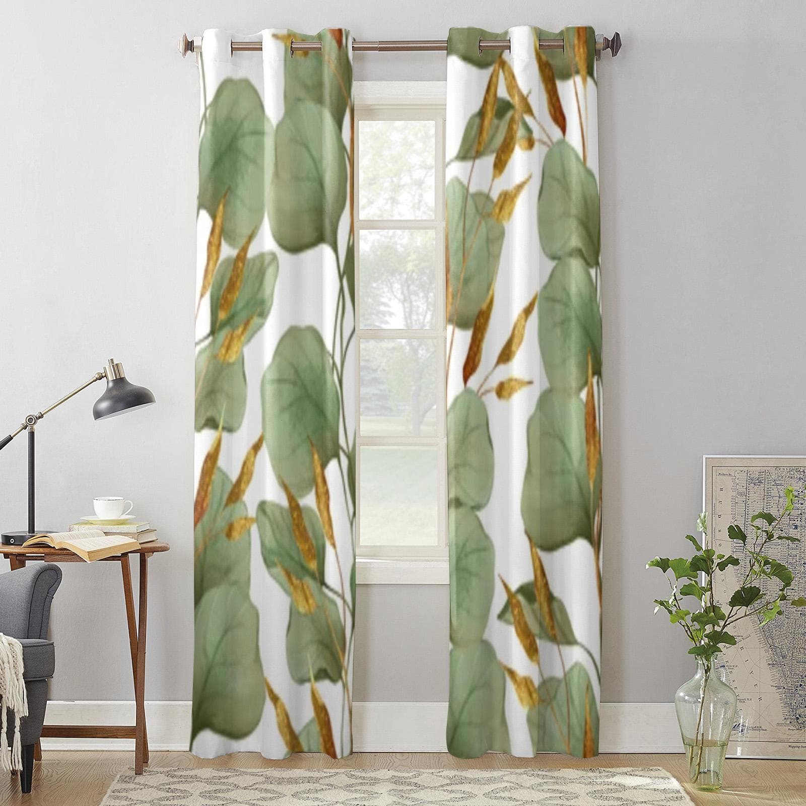 Green Leaves On White Background Window Curtain For Living Room Bedroom Decoration Curtains Luxury Kitchen Valance Curtains 135W x 60H(cm) x1