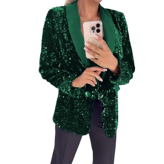 Women Suit Coat Lapel Long Sleeve Button Suit Jacket Glitter Sequins Autumn Winter Business Outerwear Street Party Wear M green