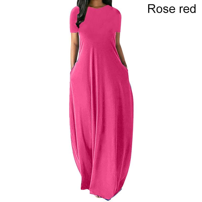 Women Casual Loose O-Neck Long Dresses Short Sleeve Summer Beach Dress Elegant Evening Party Dress 4XL rose red