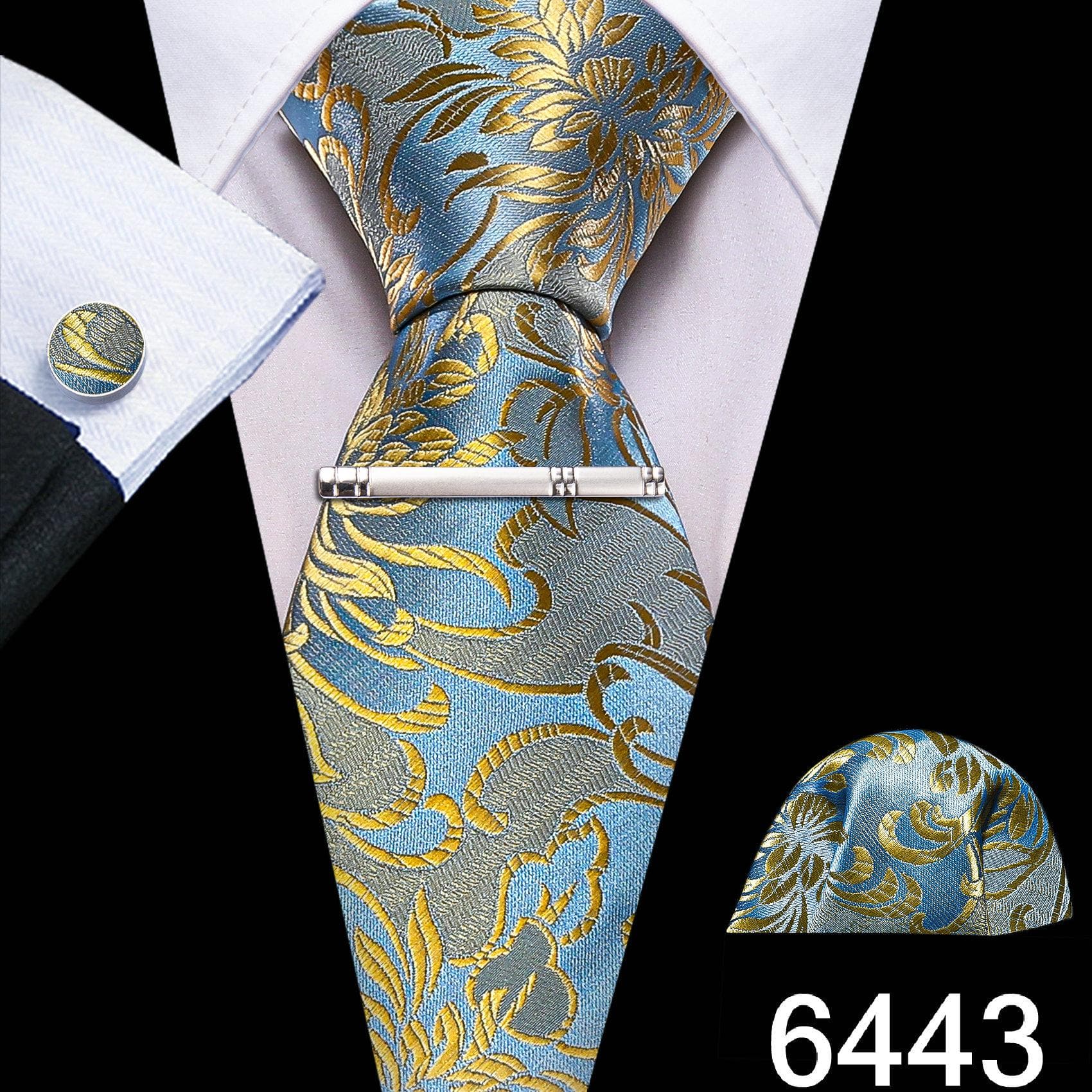 Barry.Wang Mens Green Blue Ties with Silver Tie Clip Wedding Silk Necktie Hanky Cufflinks Business Set N-6443