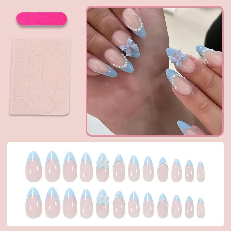 24pcs Almond Blue French Manicure Nail Stickers, Simulation Pearl Bow Decor Acrylic False Nails Set Suitable For Women Girls Daily Wear blue
