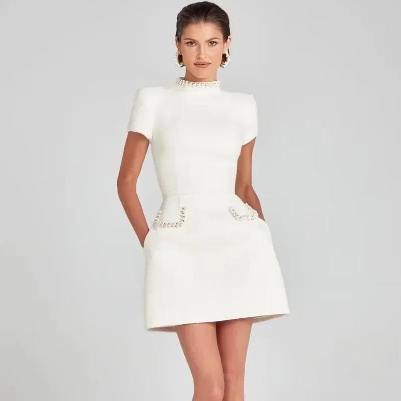 Women's Elegant Tweed A-Line Dress Solid Slim Fit Y2k Short Sleeve Dress Retro O-Neck Patchwork Luxury Evening Dress XL white