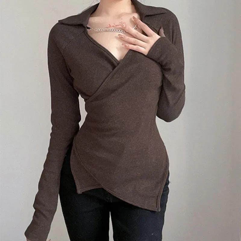 Crossed Irregular Brown Long-sleeved T-shirt Women's Lapel Chain Vintage Shirt XL brown