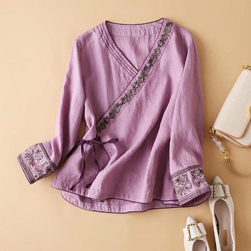 Spring Autumn Chinese Cotton Hemp Embroidery Women's Summer Hanfu Loose Comfortable Chinese Shirt Clothes XXL purple