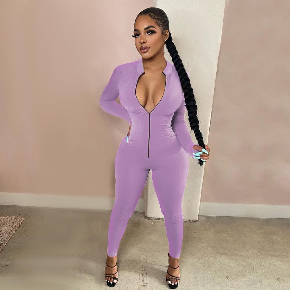 Workout Active Wear Solid Color Rompers Womens Jumpsuit Sporty Long Sleeve Fitness Clubwear Zipper Party Jumpsuits Bodycon XXXL