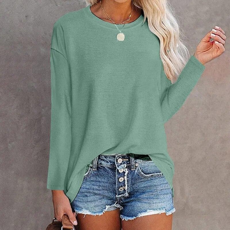 Elegant Solid Color Long Sleeved Cotton T-shirt Tops Women O Neck All Match Harajuku Y2K Female Clothes Loose Casual Tees Femme M turquoise