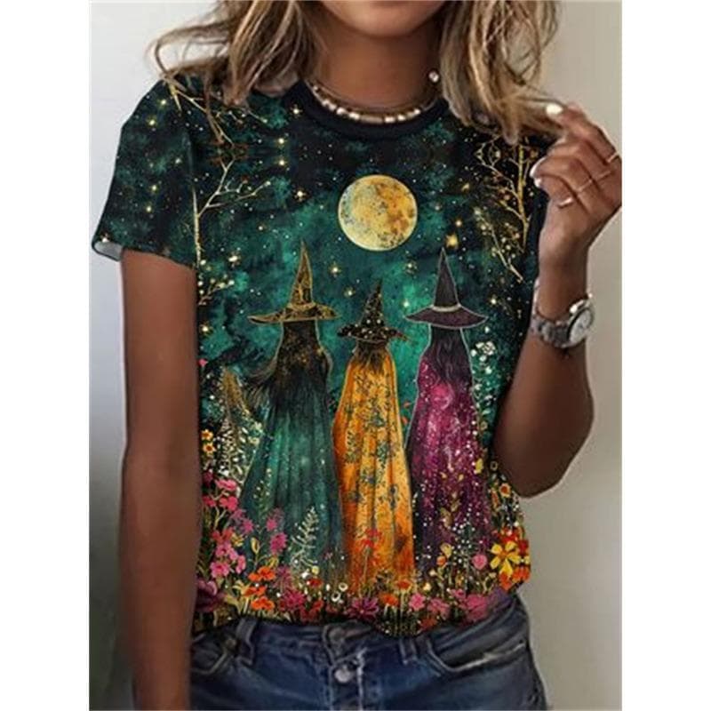 Witch Pattern Women's T-Shirts Casual Short Sleeve3d T-Shirt Fashion Top Tee O-Neck Female Clothing M