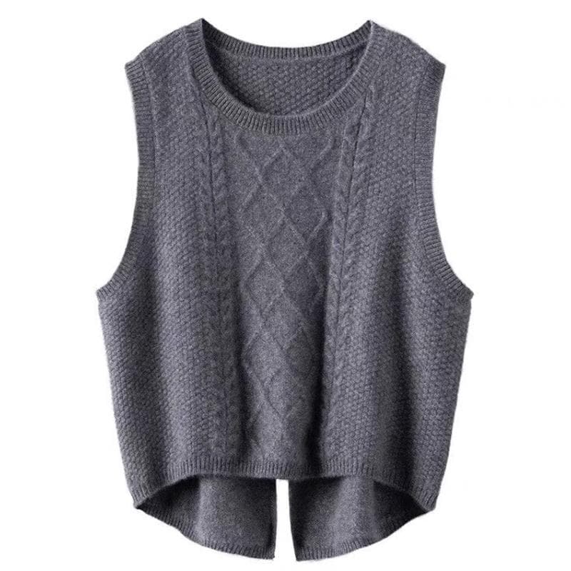 Women's Pure Woolen Round Neck Vest Chic Tuxedo Vest Autumn and Winter Sleeveless Vest Loose Short Split Knit Sweater XL grey