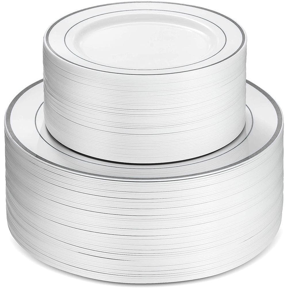 50Pcs Plastic Dinner Plates Silver and Gold Rim 25pcs 6 Inch Dinner Plates and 25pcs 9 Inch Salad