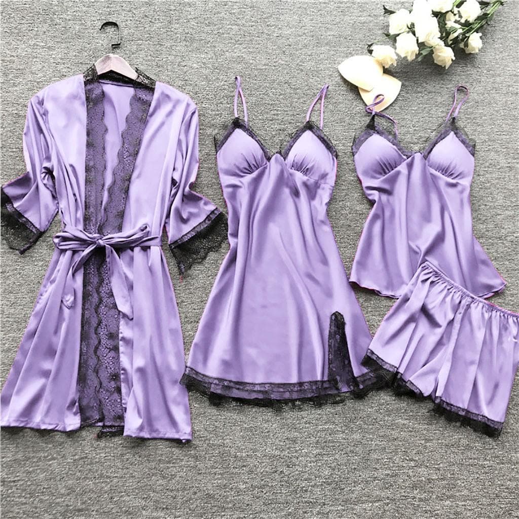 4 PCS Silk Sexy Lingerie Women's Silk Lace Robe Dress Green Pink Babydoll Nightgown Nightgown Lace Camisole Pajama Set M purple