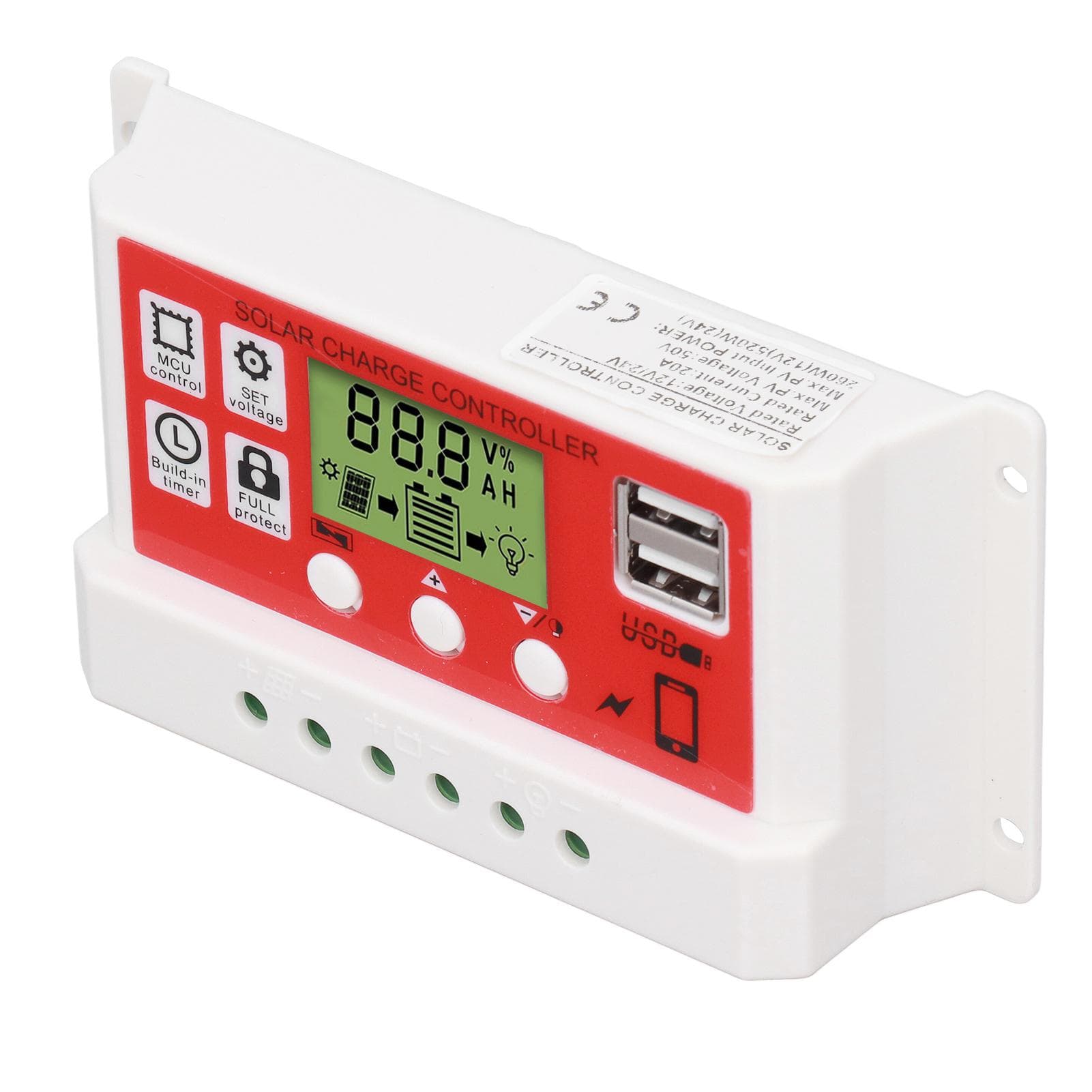 Solar Charge Controller PWM Lithium Battery Photovoltaic Charge Regulator LCD Display 12V24V20A
