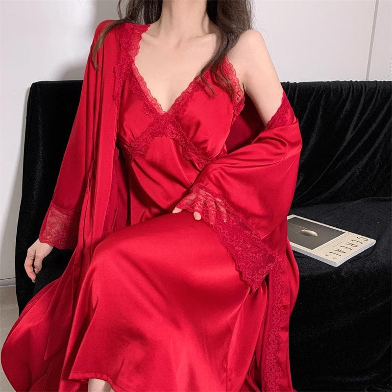 Women's Nightgown Set, Long Bathrobe, Pajamas, Sexy Lace Edge Nightdress, Pajamas, Spring and Summer Silk Satin Home Clothes XL