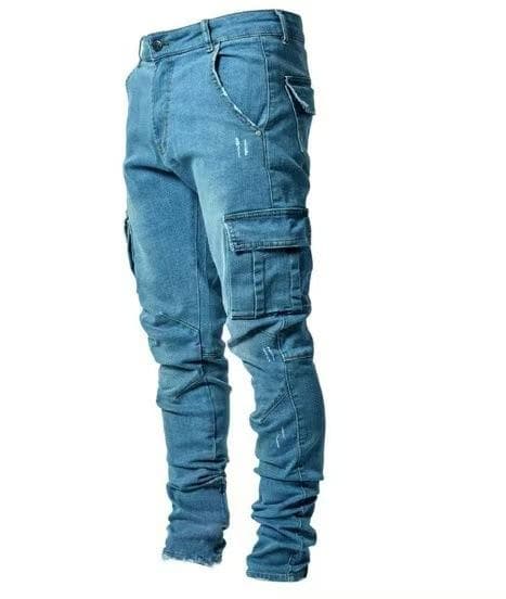 Street Elastic Jeans Men Denim Cargo Pants Wash Pockets Casual Mid Waist Trousers Slim Fit Wear Joggers XXL navy blue
