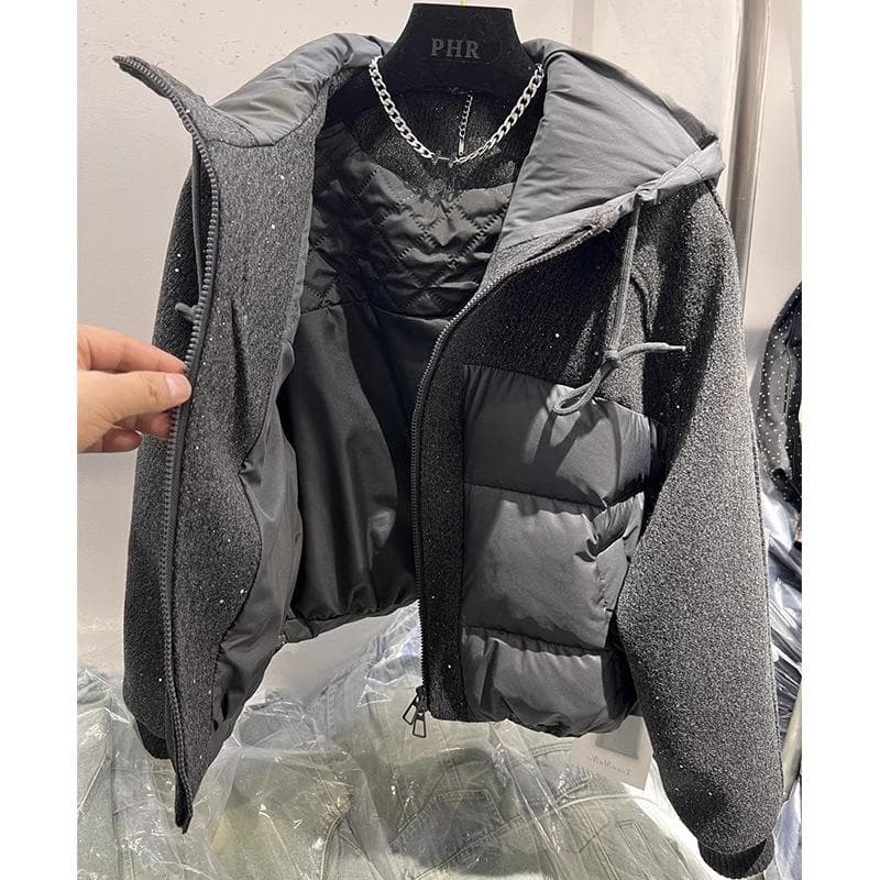 Winter New Hooded Sequined Woolen Splicing Cotton Clothes Women's Versatile Warm Long-sleeved Jacket L