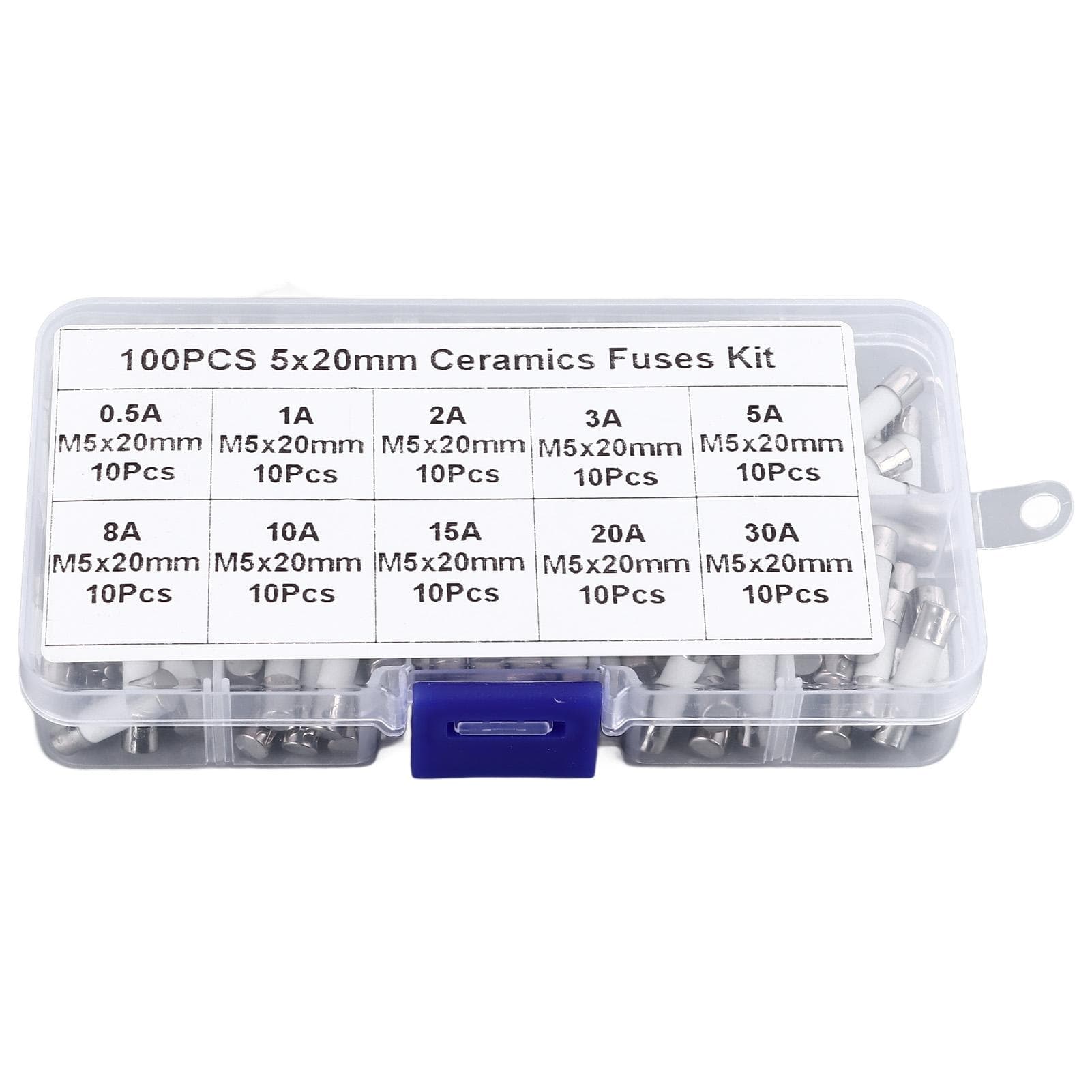 100PCS Set Tube Fuse 5x20mm Multifunctional Ceramic Tube Fuses Assortment Kit 250V 0.5A to 30A