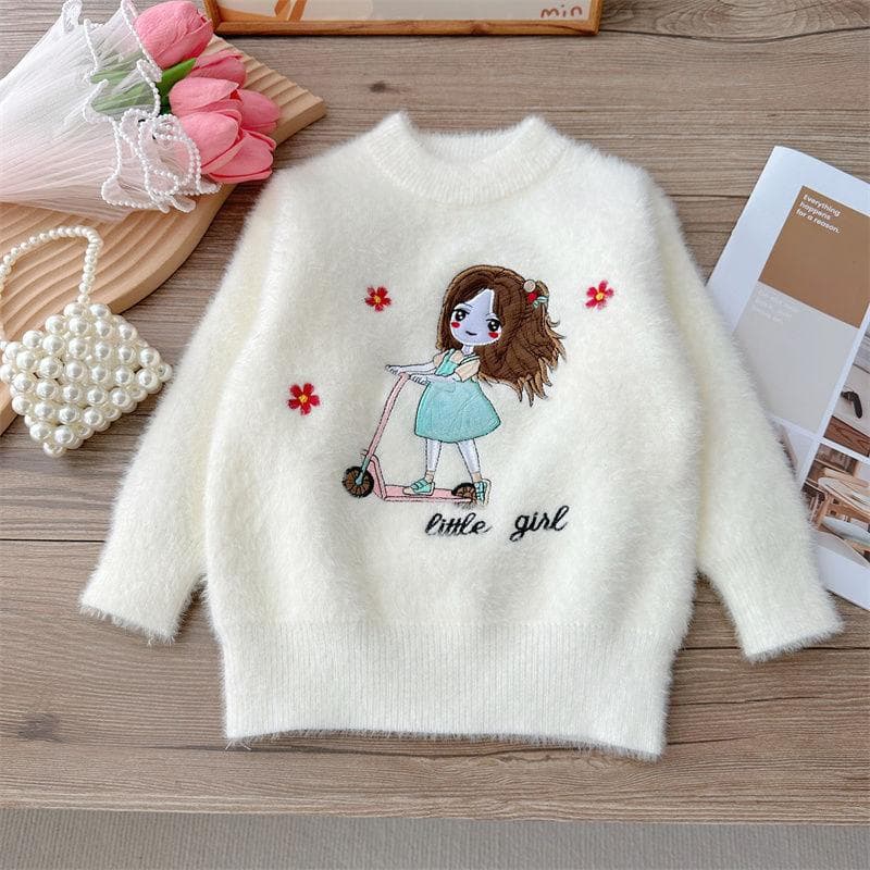 Girl's Winter Imitation Mink Fur Cartoon Snowflake Girl Sweater with Thick Velvet Top Round Neck Sweater 90