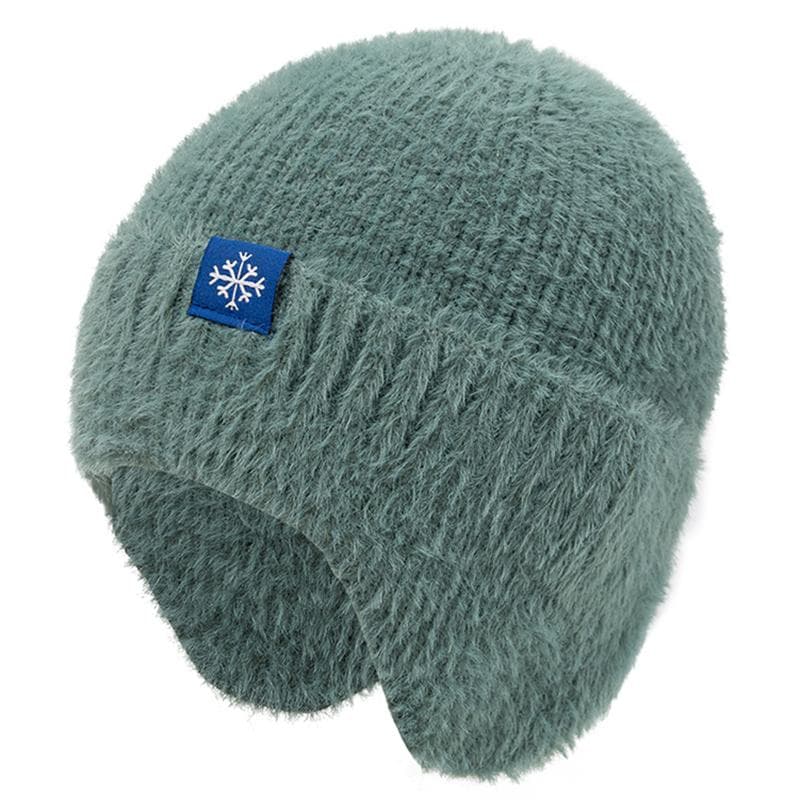 New Women Candy Colors Earflap Winter Hat Fashion Faux Fur Knitted Hat Kpop Style Soft Beanie Hats Female Streetwear Cap 54cm-58cm dark green