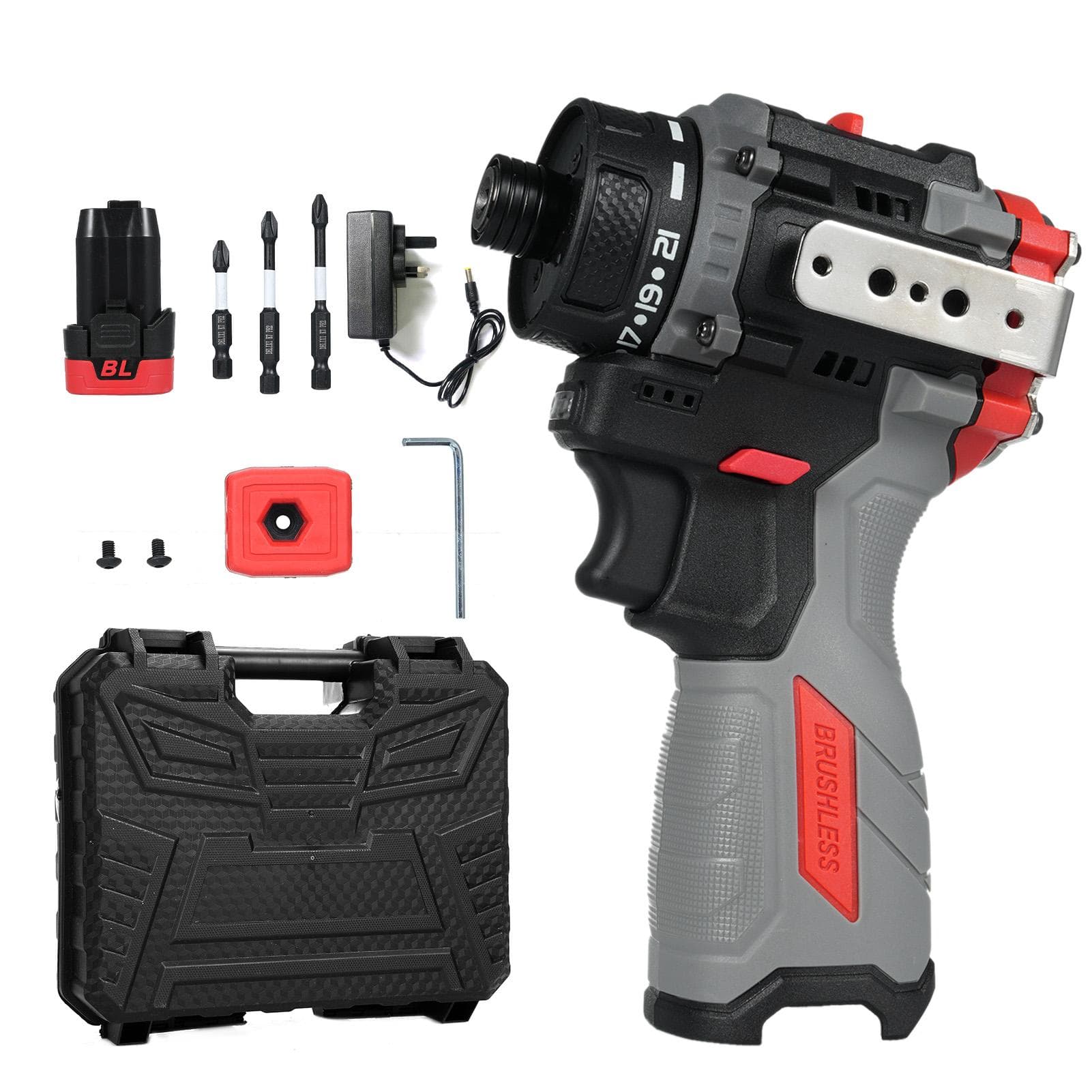 16.8V Brushless Power Screwdriver + Hammer 45Nm 1600RPM Lithium Screwdriver Tool Kit Electric Screw UK Plug & 1 Battery