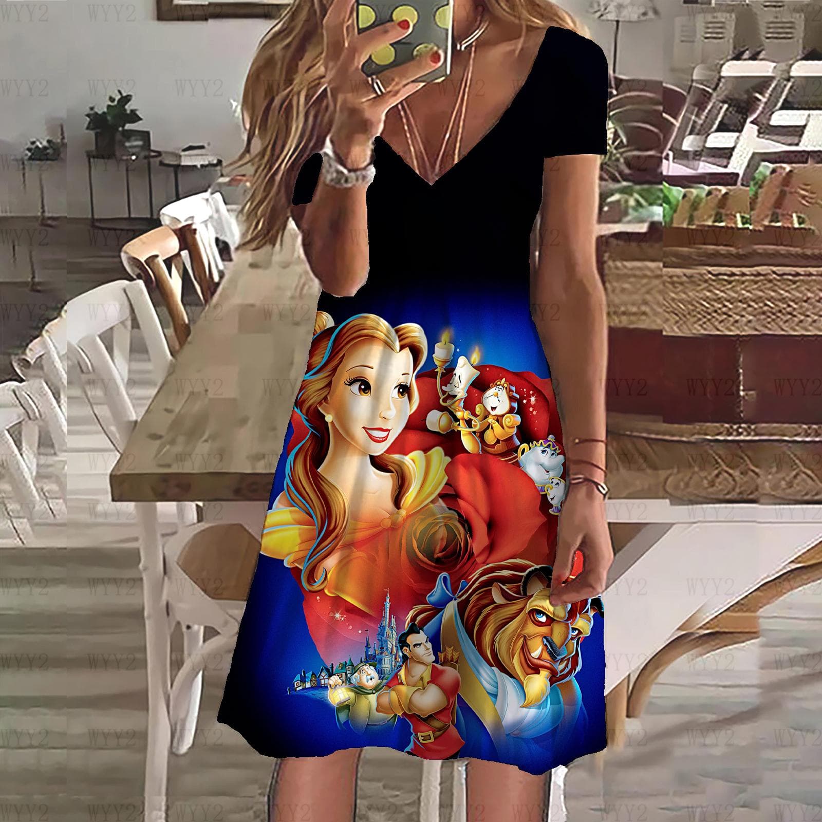 New Dress Disney Beauty and the Beast Print Summer Ladies V Neck Short Sleeve Dress Ladies Clothing Casual Street Style 8XL