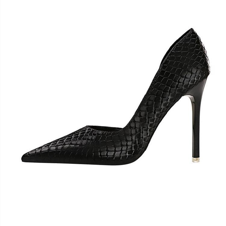 BIGTREE European and American Sexy Thin Heel Super High Heel Shallow Mouth Side Hollow High Heels Retro Snake Pattern Single Shoes 39 black