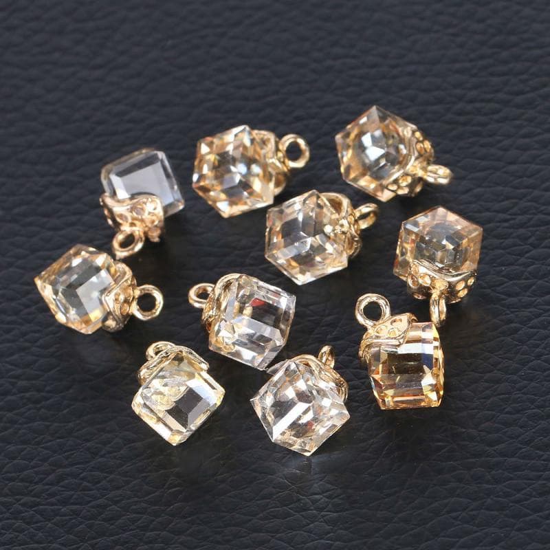 Cube Glass Loose Beads Square Shape 2mm Hole Crystal Beads for Jewelry Making Beadwork DIY 10pcs champaign&gold