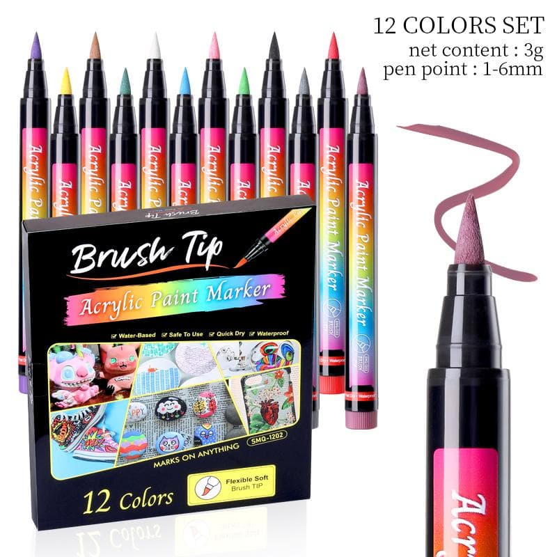 12Pcs Graffiti Pen Colorful Waterproof Drawing Painting Marker Pen DIY Ceramic Plastic Soft Head Acrylic Markers 12pcs