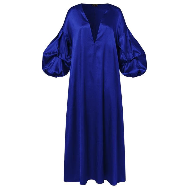 VONDA Spring Women's Elegant Party Maxi Dress Puff Long Sleeve Deep-V Neck Solid Color Casual Loose Long Dresses Plus Size S blue