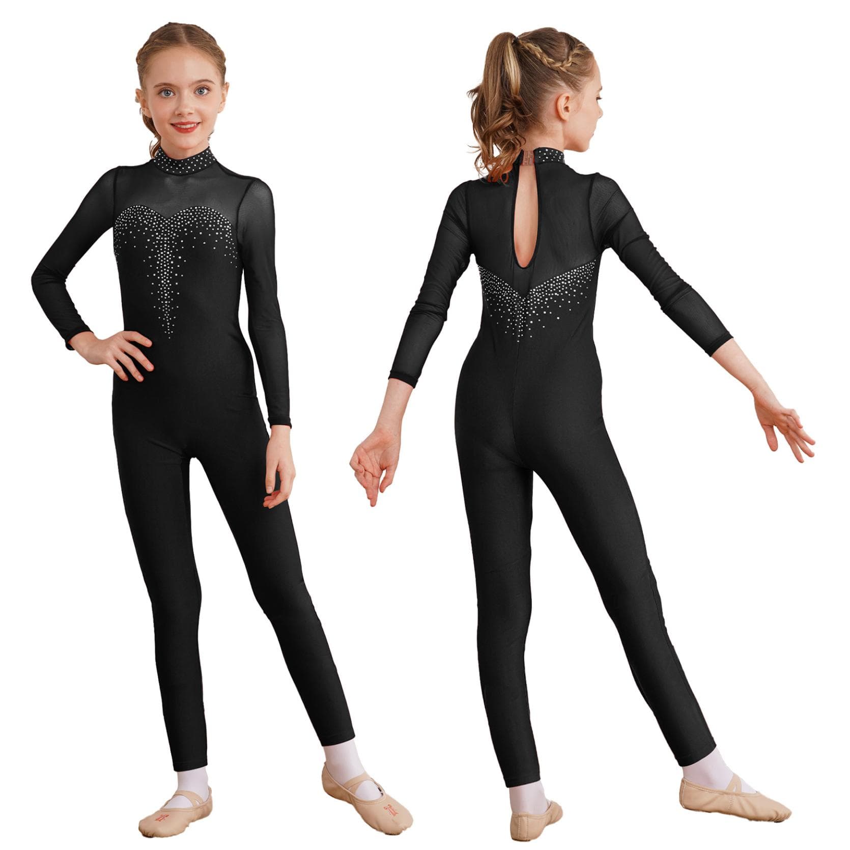 Kids Girls Figure Skating Unitard Shiny Rhinestone Jumpsuit Long Sleeve Bodysuit Gymnastics Dance Performance Costume 7-8 Years black