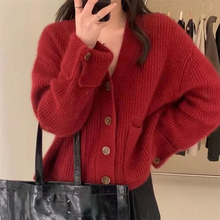 YYFS Women's Fashion Casual Solid Color Print Autumn Winter Long Sleeve V-Neck Loose Sweaters One Size red