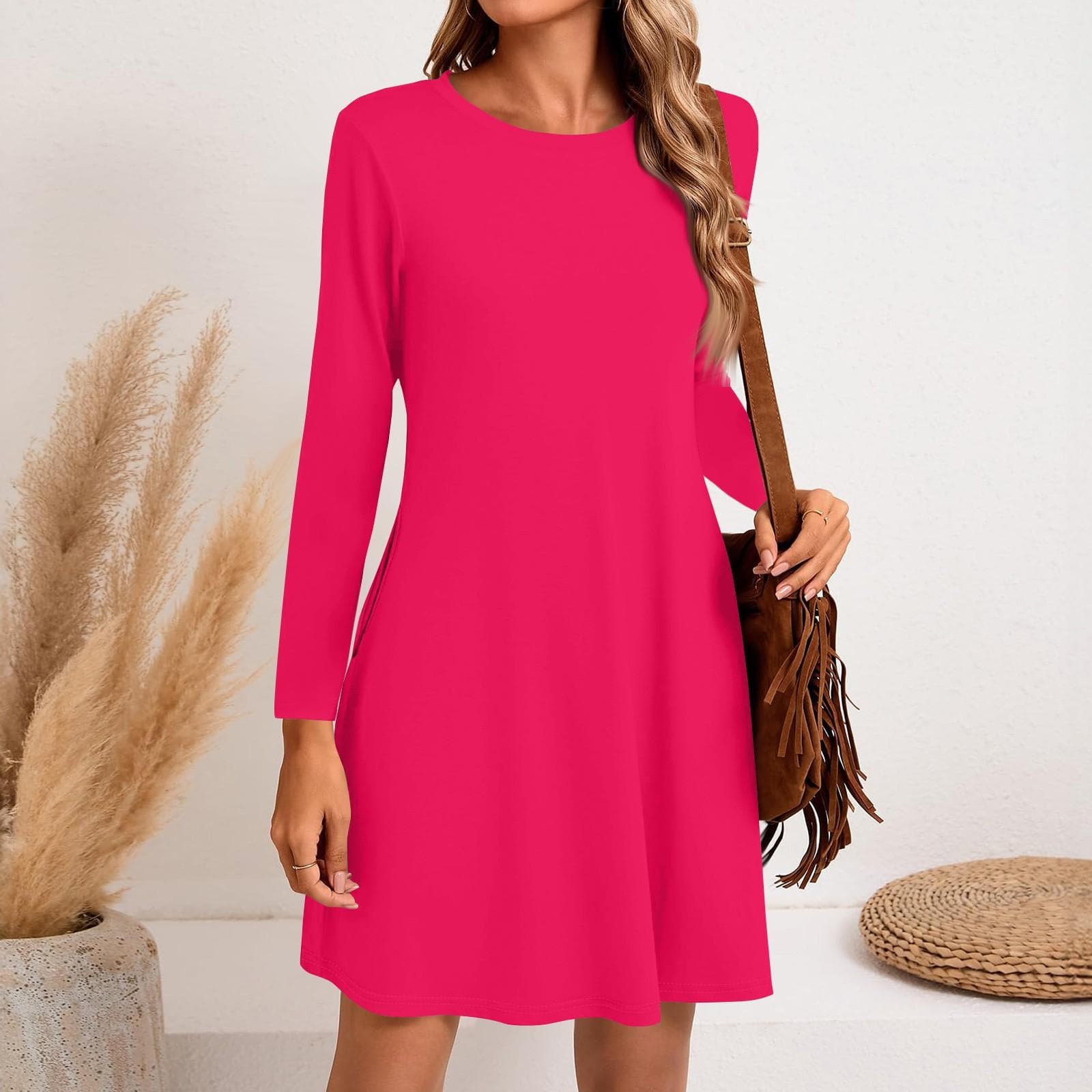 Women's Fashion Casual Solid Color Round Neck Long Sleeve Short Side Pocket Dress L hot pink