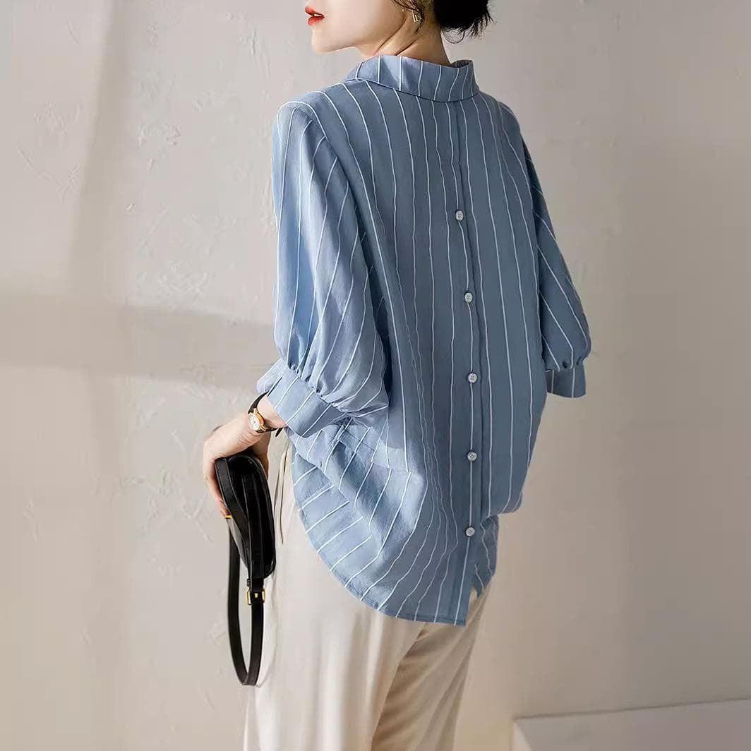 Stand-alone and Free Rear Lantern Sleeve Irregular Striped Top 3XL blue