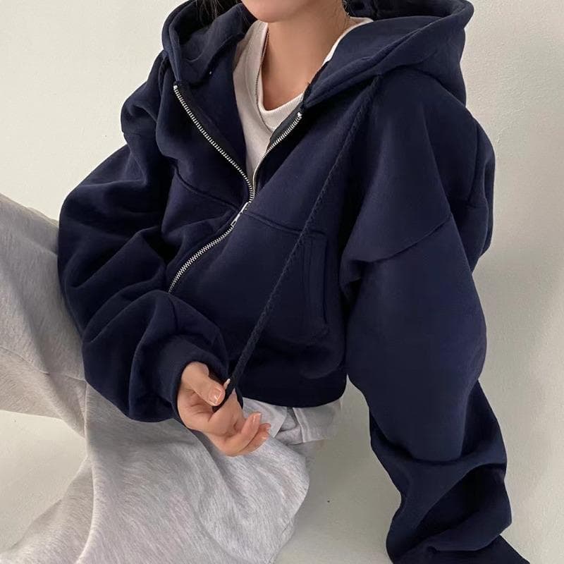 6 colors Solid Zip Up Drawstring Hoodie, Casual Long Sleeve Sweatshirt with Pocket, Women's Clothing S Dark blue