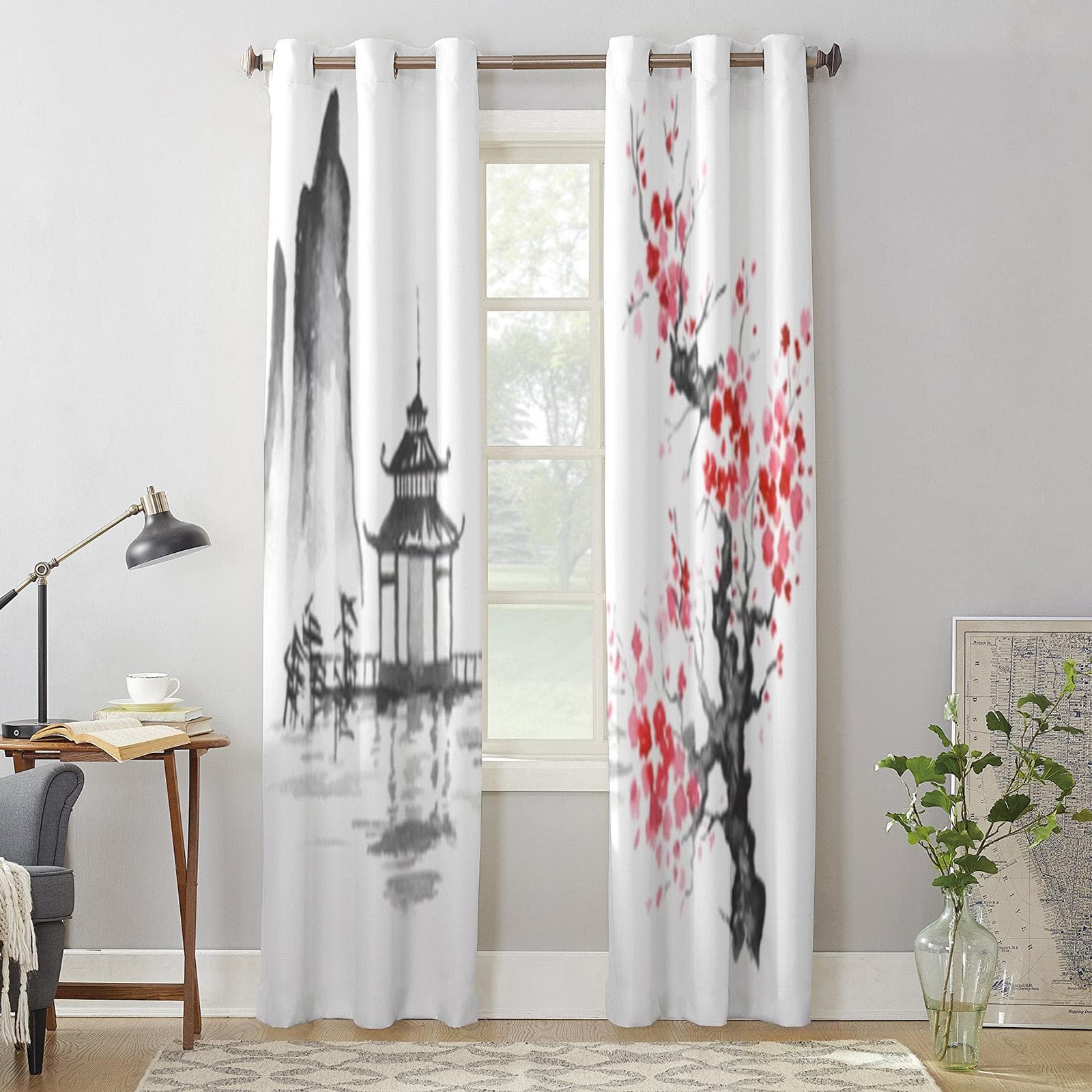 Japan Traditional Japanese Painting Window Curtains For Living Room Bedroom Luxury Modern Kitchen Curtains Fabric Drapes 135W x 60H(cm) x1