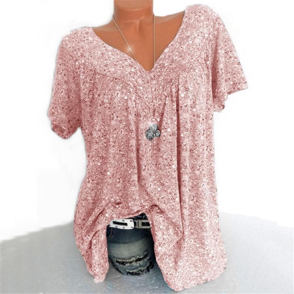 GMXIA Women's Fashion Casual Summer Floral Print Short Sleeve V-Neck Blouses & Shirts L pink