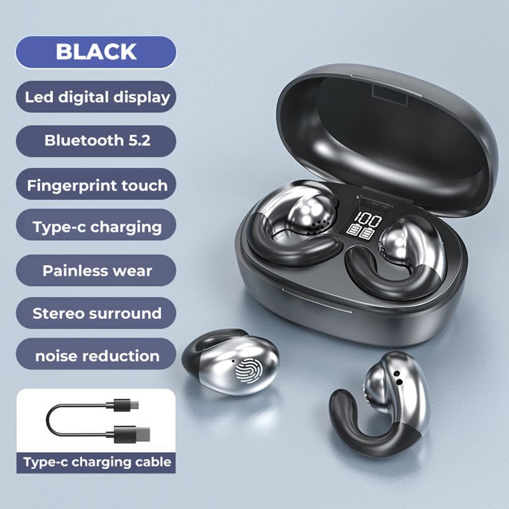 True Bone Conduction Bluetooth Earphones Ear Clip Earring Wireless Headphones with Mic Calling Touch Control Sports Headsets black