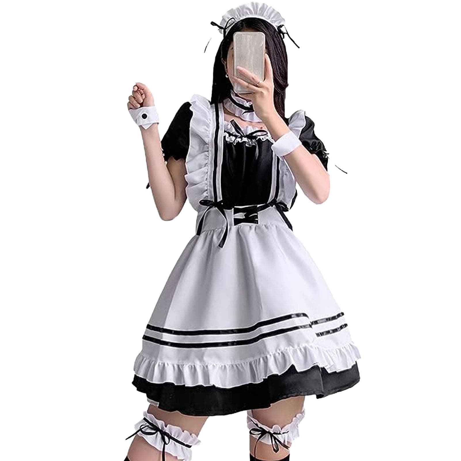 Maid Costume Ruffle Frill Trim Cute Bow Apron Dress Cosplay Makeup Outfit with Headwear Neck Leg M black white