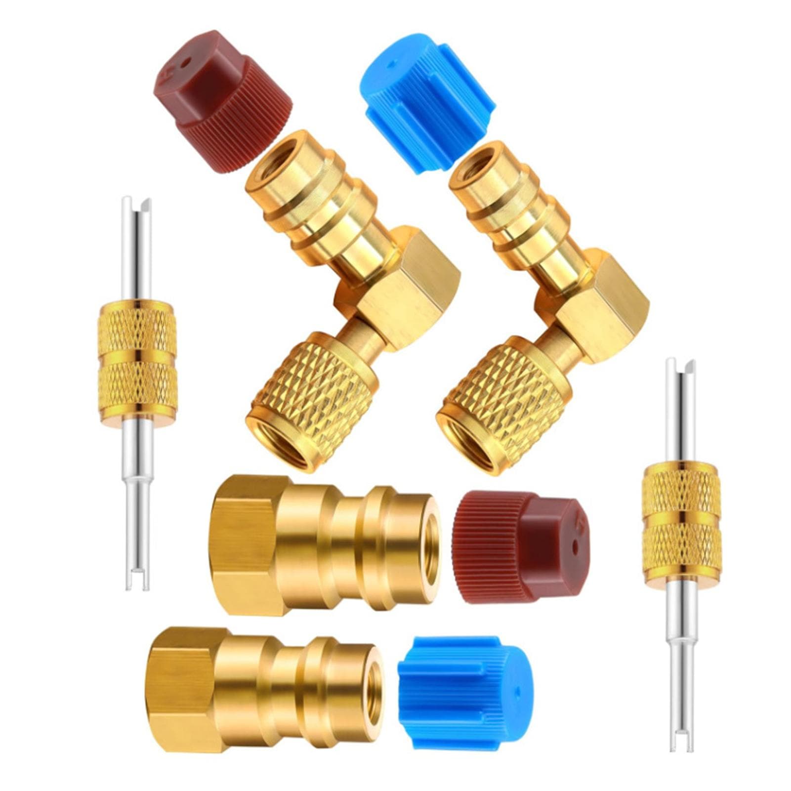 R12 to R134A AC Fitting Conversion Adapter Kit, Quick Coupler Valve AC 90 degrees Port Retrofit Adapter gold