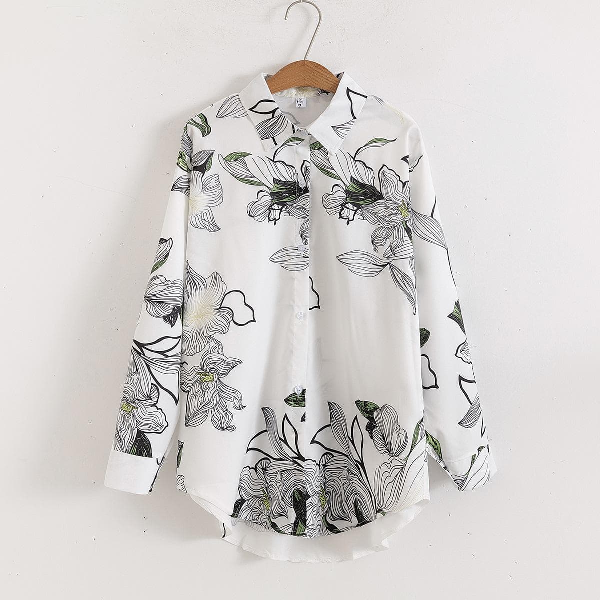 Women's Floral Print Loose Collar Long Sleeved Fashionable Shirt XL white
